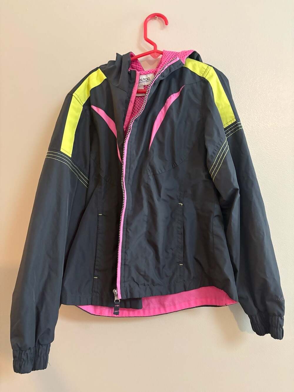 London Fog Girls Color Block Hooded Windbreaker Jacket Black/Neon Pink/Green Siz